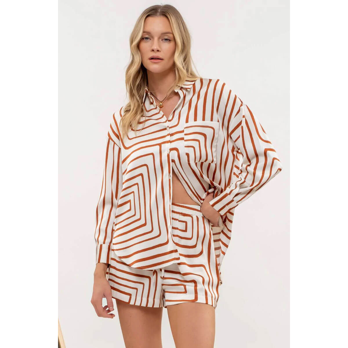 Geo Print Button Down Shirt brown front | MILK MONEY milkmoney.co | cute tops for women. trendy tops for women. cute blouses for women. stylish tops for women. pretty womens tops.
