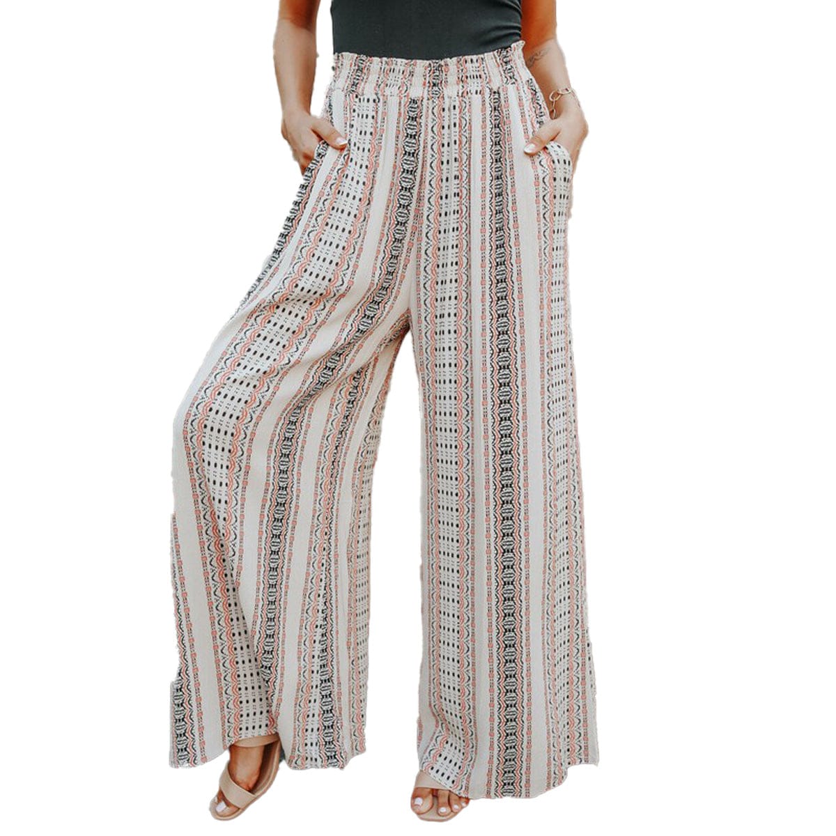 Geometric Print Palazzo Pant beige front | MILK MONEY milkmoney.co | cute clothes for women. womens online clothing. trendy online clothing stores. womens casual clothing online. trendy clothes online. trendy women's clothing online. ladies online clothing stores. trendy women's clothing stores. cute female clothes.