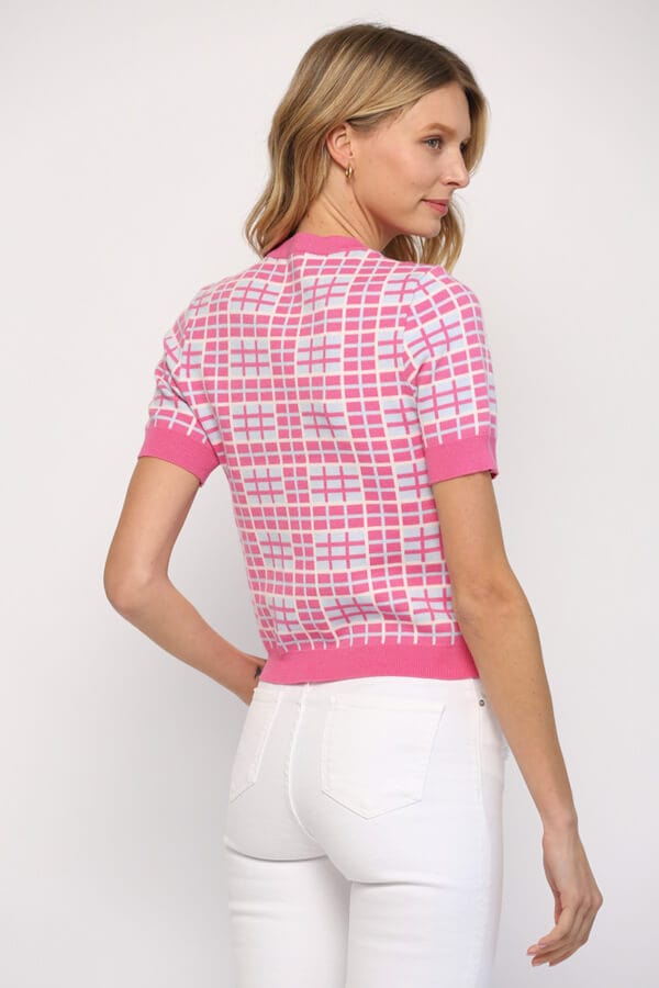 Geometric Short Sleeve Spring Sweater pink back | MILK MONEY milkmoney.co | cute tops for women. trendy tops for women. cute blouses for women. stylish tops for women. pretty womens tops.