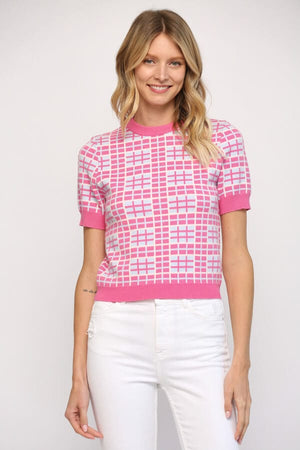 Geometric Short Sleeve Spring Sweater pink front | MILK MONEY milkmoney.co | cute tops for women. trendy tops for women. cute blouses for women. stylish tops for women. pretty womens tops.