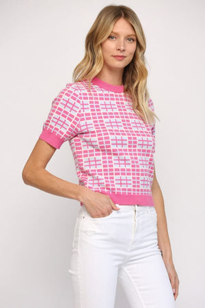 Geometric Short Sleeve Spring Sweater pink front | MILK MONEY milkmoney.co | cute tops for women. trendy tops for women. cute blouses for women. stylish tops for women. pretty womens tops. 