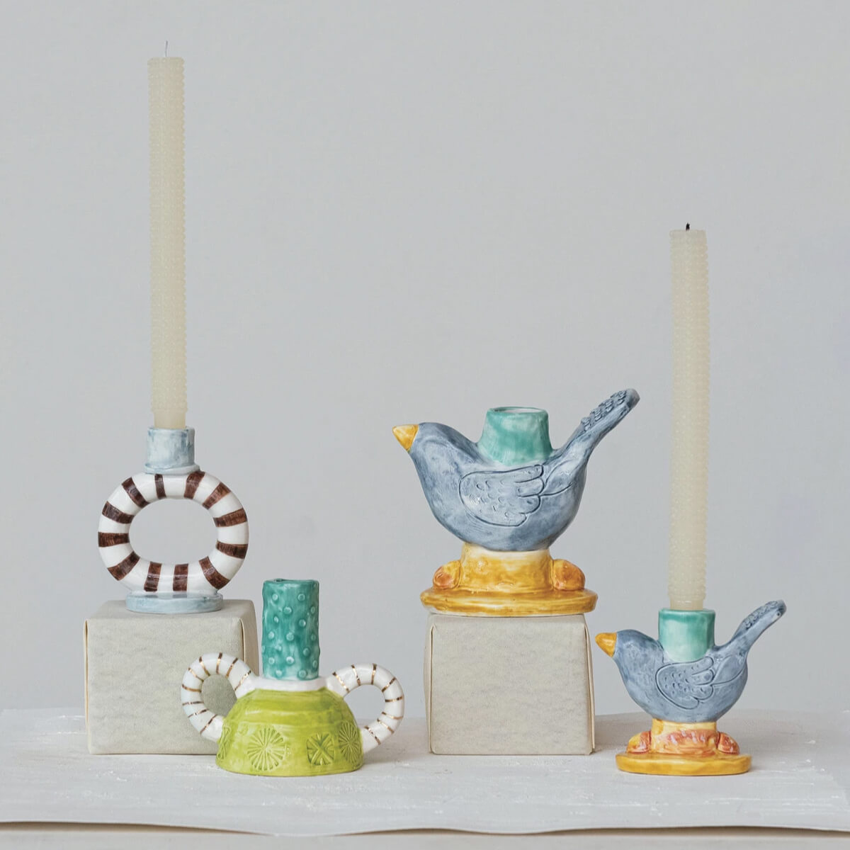 Hand-Painted Striped Ring Stoneware Candle Holder