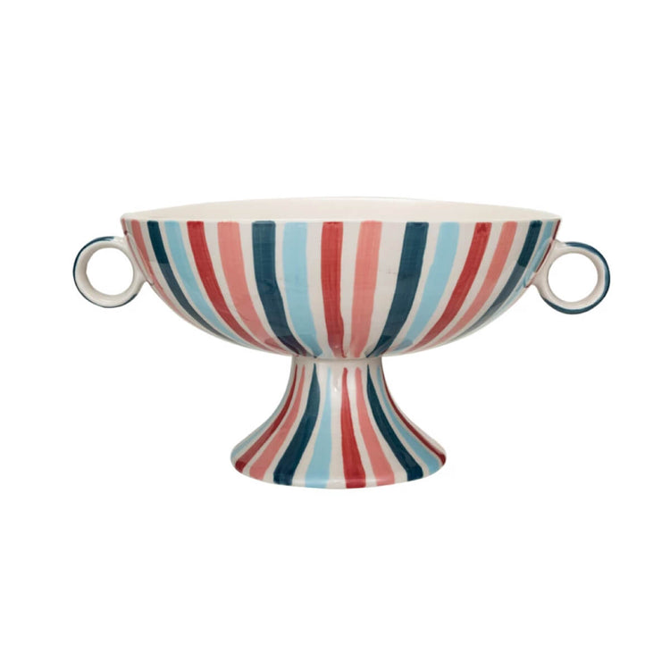 Hand-Painted Striped Stoneware Footed Bowl with Handles front pink | MILK MONEY milkmoney.co | 	Home decor online, Modern home decor, Luxury home furnishings, Best home decor, Home accessories for sale, Living room furniture sets, Kitchen decor ideas, Wall art for home, Bathroom accessories, Vintage home decor, Minimalist home decor
