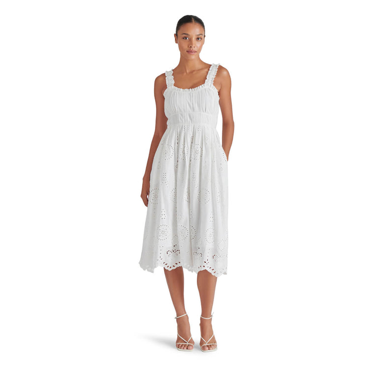 Steve Madden Harmony Eyelet Embroidered Midi Dress white front | MILK MONEY milkmoney.co | cute clothes for women. womens online clothing. trendy online clothing stores. womens casual clothing online. trendy clothes online. trendy women's clothing online. ladies online clothing stores. trendy women's clothing stores. cute female clothes.
