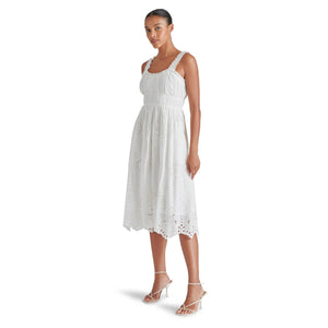 Steve Madden Harmony Eyelet Embroidered Midi Dress white front | MILK MONEY milkmoney.co | cute clothes for women. womens online clothing. trendy online clothing stores. womens casual clothing online. trendy clothes online. trendy women's clothing online. ladies online clothing stores. trendy women's clothing stores. cute female clothes.
