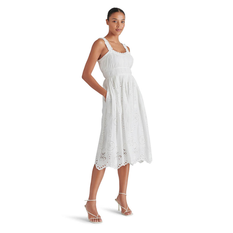 Steve Madden Harmony Eyelet Embroidered Midi Dress white front | MILK MONEY milkmoney.co | cute clothes for women. womens online clothing. trendy online clothing stores. womens casual clothing online. trendy clothes online. trendy women's clothing online. ladies online clothing stores. trendy women's clothing stores. cute female clothes.
