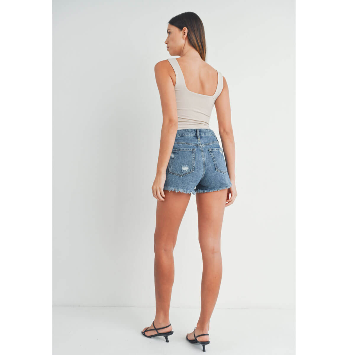 High Rise Destroyed Jean Shorts back | MILK MONEY milkmoney.co | cute clothes for women. womens online clothing. trendy online clothing stores. womens casual clothing online. trendy clothes online. trendy women's clothing online. ladies online clothing stores. trendy women's clothing stores. cute female clothes.
