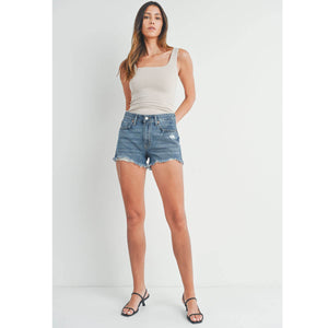 High Rise Destroyed Jean Shorts front | MILK MONEY milkmoney.co | cute clothes for women. womens online clothing. trendy online clothing stores. womens casual clothing online. trendy clothes online. trendy women's clothing online. ladies online clothing stores. trendy women's clothing stores. cute female clothes.