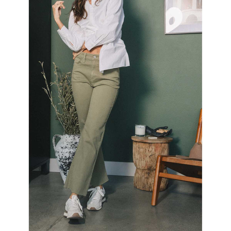 High Rise Kick Flare Colored Jeans olive front | MILK MONEY milkmoney.co | cute clothes for women. womens online clothing. trendy online clothing stores. womens casual clothing online. trendy clothes online. trendy women's clothing online. ladies online clothing stores. trendy women's clothing stores. cute female clothes.