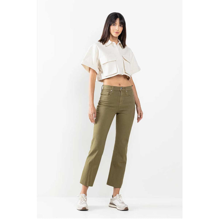 High Rise Kick Flare Colored Jeans olive front | MILK MONEY milkmoney.co | cute clothes for women. womens online clothing. trendy online clothing stores. womens casual clothing online. trendy clothes online. trendy women's clothing online. ladies online clothing stores. trendy women's clothing stores. cute female clothes.