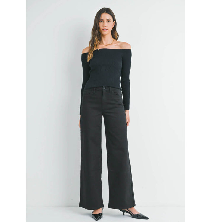 High Rise Palazzo Wide-Leg Jeans black front | MILK MONEY milkmoney.co | cute clothes for women. womens online clothing. trendy online clothing stores. womens casual clothing online. trendy clothes online. trendy women's clothing online. ladies online clothing stores. trendy women's clothing stores. cute female clothes.
