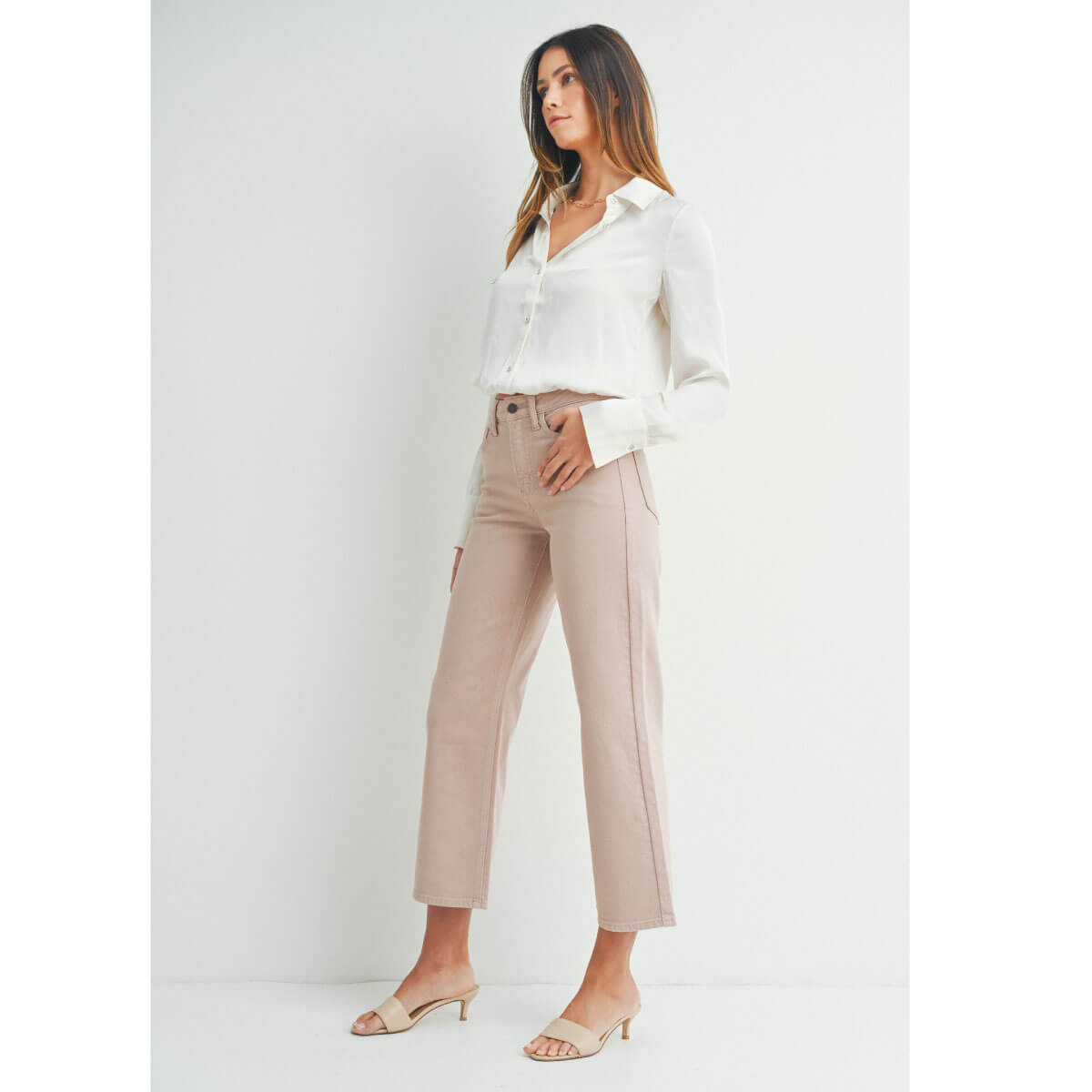 High Rise Slim Wide-Leg Jeans pink side | MILK MONEY milkmoney.co | cute clothes for women. womens online clothing. trendy online clothing stores. womens casual clothing online. trendy clothes online. trendy women's clothing online. ladies online clothing stores. trendy women's clothing stores. cute female clothes.