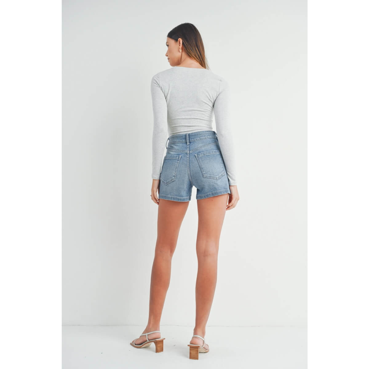 High Rise Utility Pocket Jean Shorts  blue back | MILK MONEY milkmoney.co | cute clothes for women. womens online clothing. trendy online clothing stores. womens casual clothing online. trendy clothes online. trendy women's clothing online. ladies online clothing stores. trendy women's clothing stores. cute female clothes.