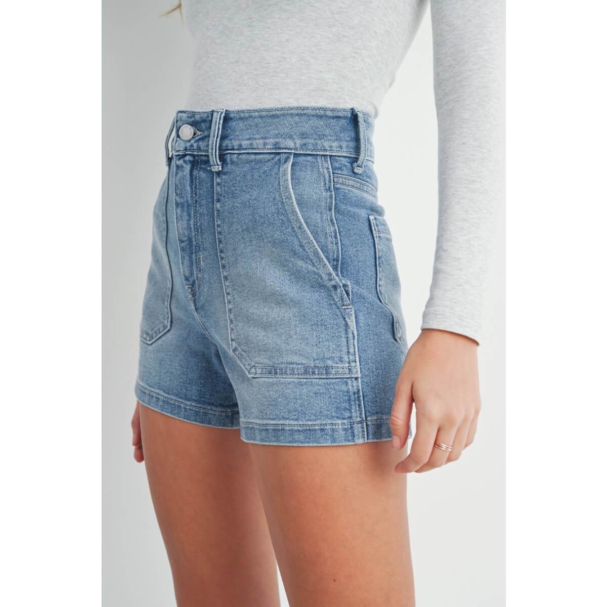 High Rise Utility Pocket Jean Shorts  blue front | MILK MONEY milkmoney.co | cute clothes for women. womens online clothing. trendy online clothing stores. womens casual clothing online. trendy clothes online. trendy women's clothing online. ladies online clothing stores. trendy women's clothing stores. cute female clothes.