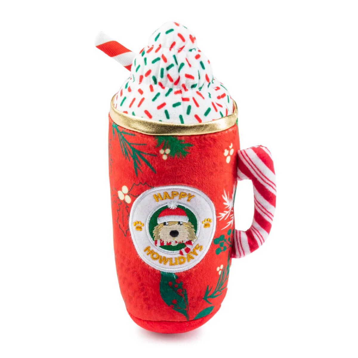 Howliday Cheer Mug Plush Dog red front | MILK MONEY milkmoney.co | white elephant gift ideas, gift, mother's day gift ideas, white elephant gift, gift shops near me, cute home decor, mother's day gift, cute home accents, handmade in USA, elegant home decor
