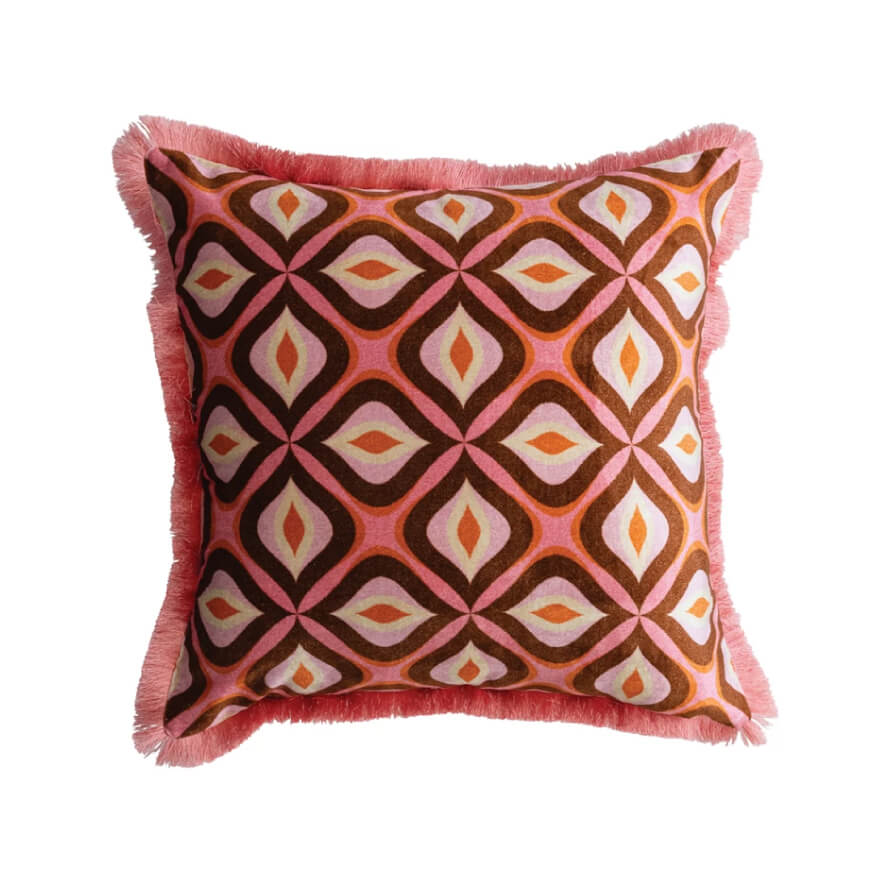 Ikat Print Velvet Pillow with Eyelash Fringe front pink | MILK MONEY milkmoney.co | 	Home decor online, Modern home decor, Luxury home furnishings, Best home decor, Home accessories for sale, Living room furniture sets, Kitchen decor ideas, Wall art for home, Bathroom accessories, Vintage home decor, Minimalist home decor
