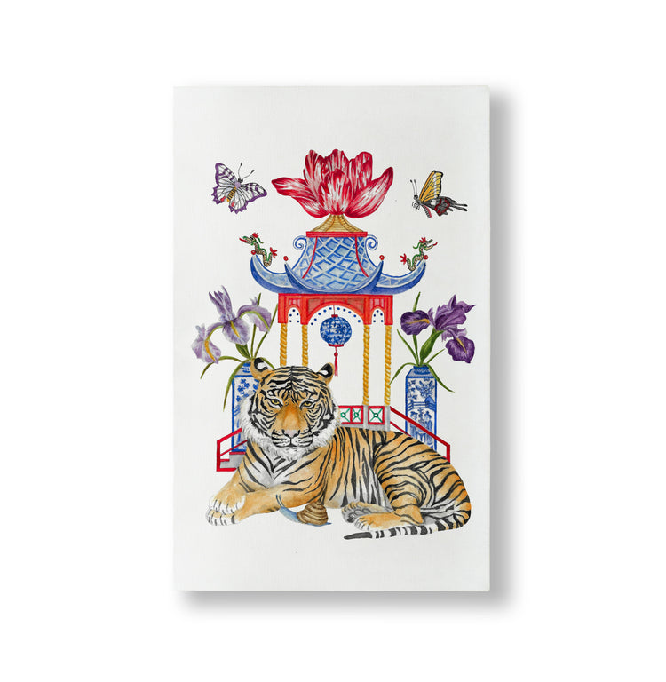 Illustrated Chinoiserie Tiger Canvas Wall Art front | MILK MONEY milkmoney.co | white elephant gift ideas, gift, mother's day gift ideas, white elephant gift, gift shops near me, cute home decor, mother's day gift, cute home accents, handmade in USA, elegant home decor