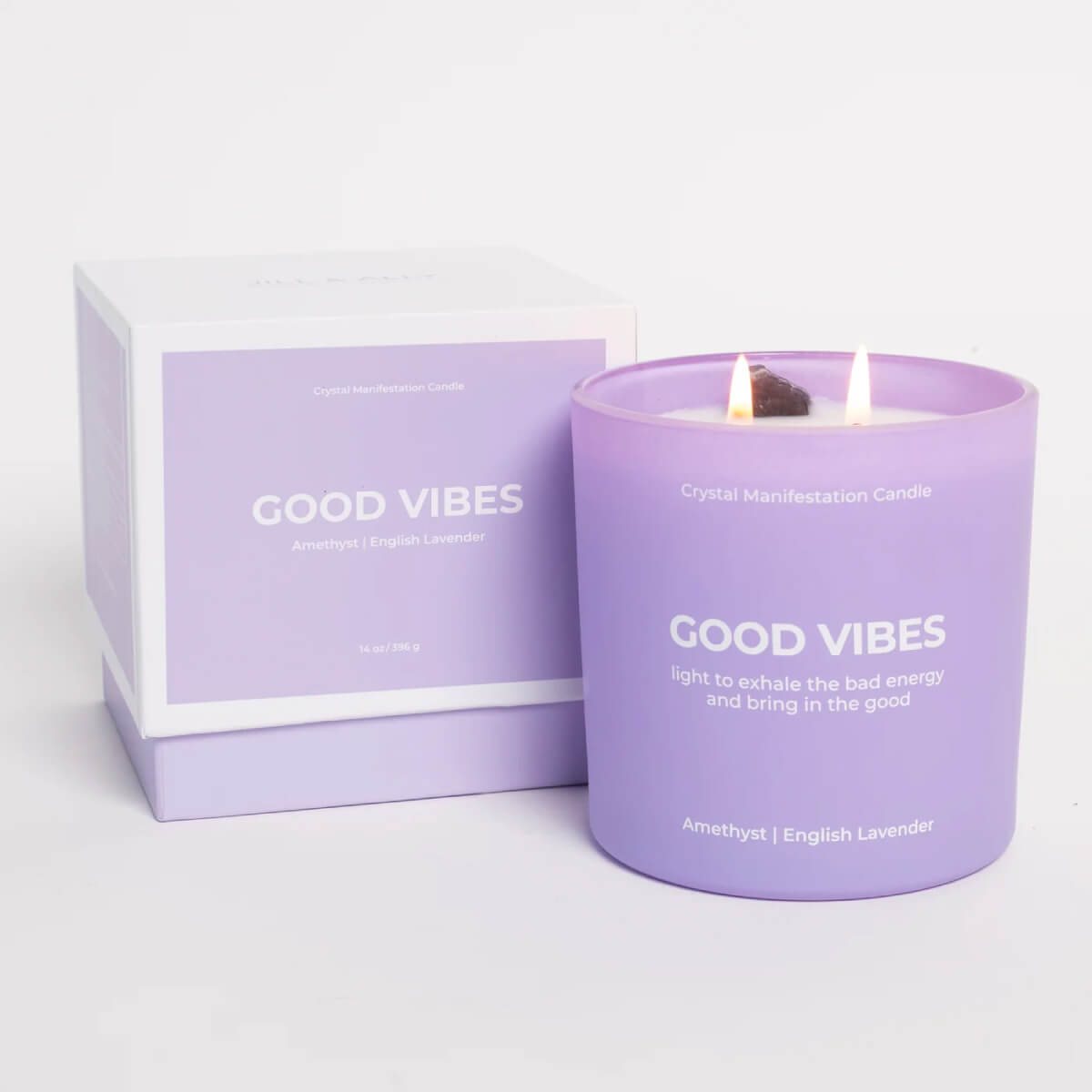 Jill & Ally Good Vibes Crystal Manifestation Candle front purple | MILK MONEY milkmoney.co | white elephant gift ideas, gift, mother's day gift ideas, white elephant gift, gift shops near me, cute home decor, mother's day gift, cute home accents, handmade in USA, elegant home decor
