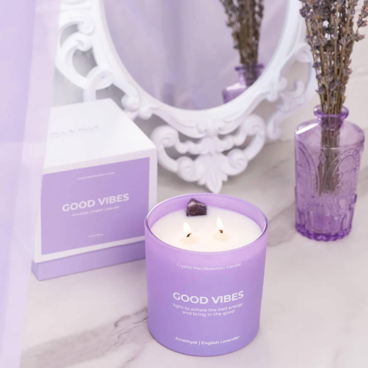 Jill & Ally Good Vibes Crystal Manifestation Candle front purple | MILK MONEY milkmoney.co | white elephant gift ideas, gift, mother's day gift ideas, white elephant gift, gift shops near me, cute home decor, mother's day gift, cute home accents, handmade in USA, elegant home decor
