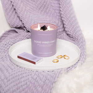 Jill & Ally Good Vibes Crystal Manifestation Candle front purple | MILK MONEY milkmoney.co | white elephant gift ideas, gift, mother's day gift ideas, white elephant gift, gift shops near me, cute home decor, mother's day gift, cute home accents, handmade in USA, elegant home decor
