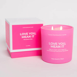 Jill & Ally Love You, Mean It Crystal Manifestation Candle pink front | MILK MONEY milkmoney.co | white elephant gift ideas, gift, mother's day gift ideas, white elephant gift, gift shops near me, cute home decor, mother's day gift, cute home accents, handmade in USA, elegant home decor
