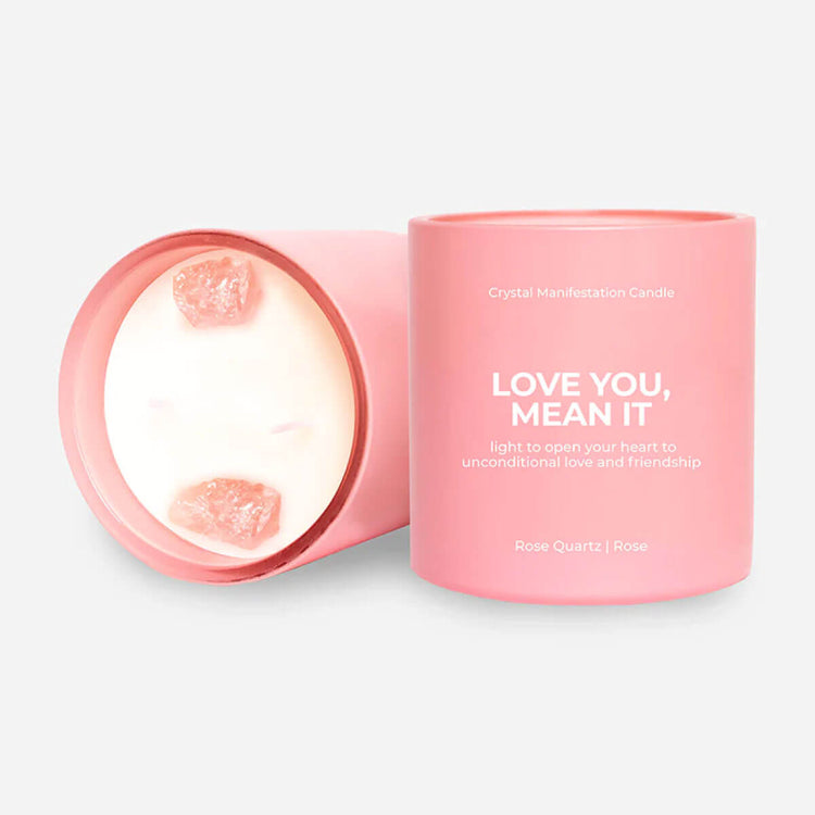 Jill & Ally Love You, Mean It Crystal Manifestation Candle pink front | MILK MONEY cute candle, gifts