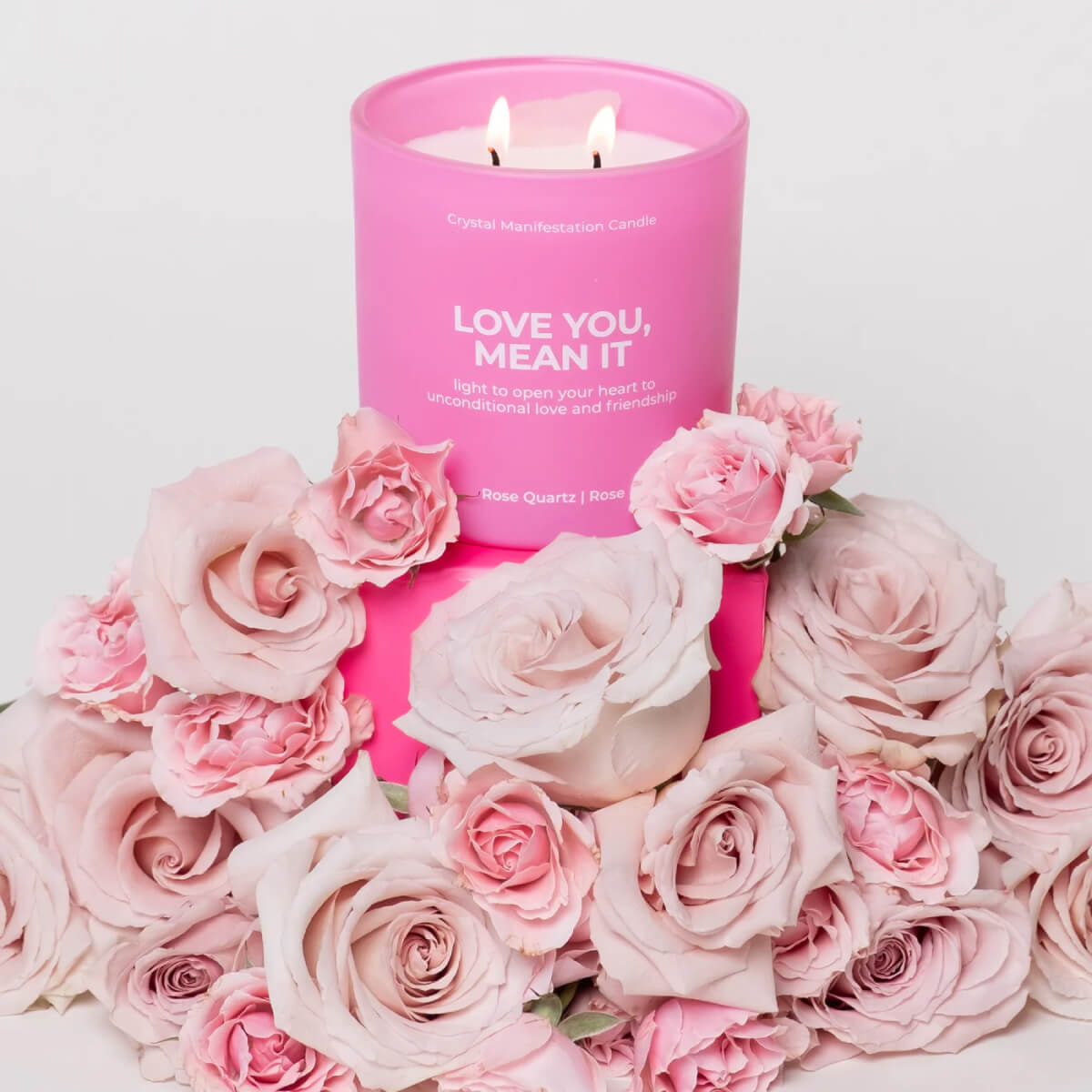 Jill & Ally Love You, Mean It Crystal Manifestation Candle pink front | MILK MONEY milkmoney.co | white elephant gift ideas, gift, mother's day gift ideas, white elephant gift, gift shops near me, cute home decor, mother's day gift, cute home accents, handmade in USA, elegant home decor
