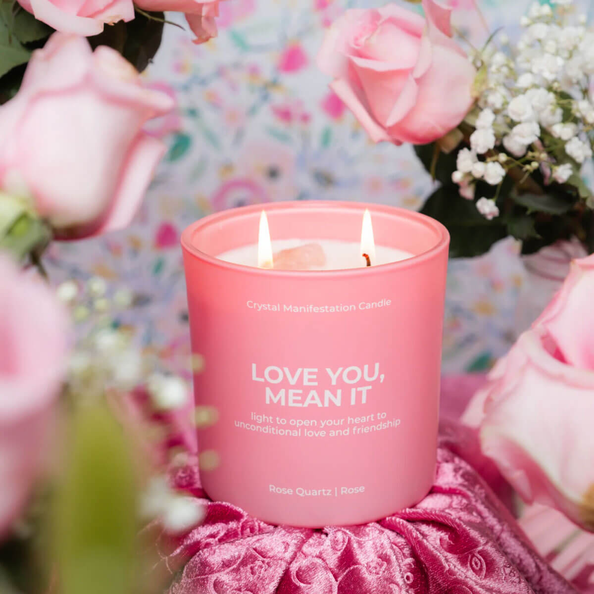 Jill & Ally Love You, Mean It Crystal Manifestation Candle pink front | MILK MONEY cute candle, gifts