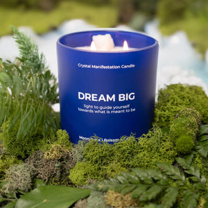 Jill & Ally Dream Big Crystal Manifestation Candle blue front | MILK MONEY milkmoney.co | white elephant gift ideas, gift, mother's day gift ideas, white elephant gift, gift shops near me, cute home decor, mother's day gift, cute home accents, handmade in USA, elegant home decor
