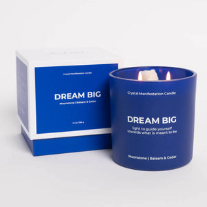 Jill & Ally Dream Big Crystal Manifestation Candle blue front | MILK MONEY milkmoney.co | white elephant gift ideas, gift, mother's day gift ideas, white elephant gift, gift shops near me, cute home decor, mother's day gift, cute home accents, handmade in USA, elegant home decor
