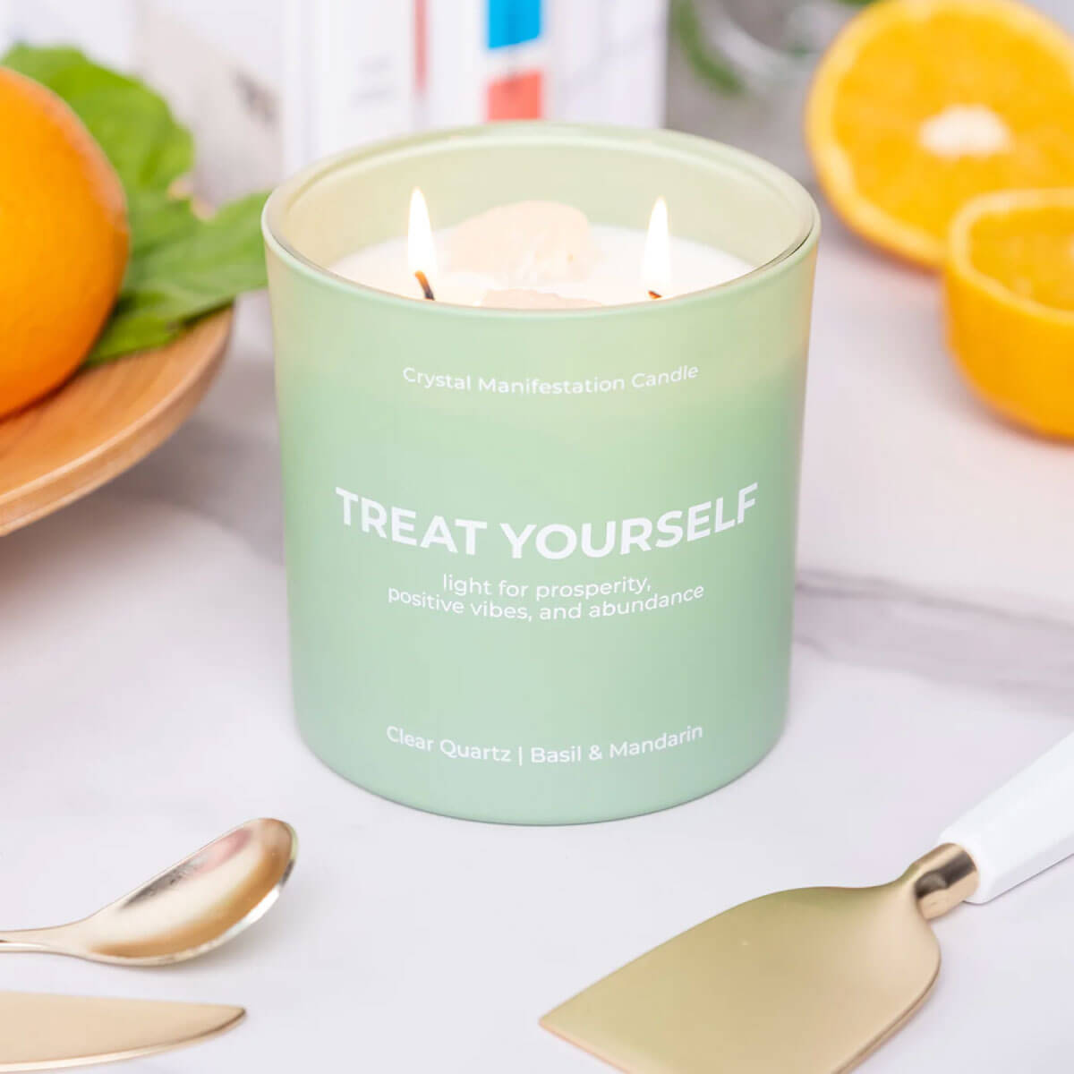 Jill & Ally Treat Yourself Crystal Manifestation Candle green front | MILK MONEY milkmoney.co | cute gifts for women