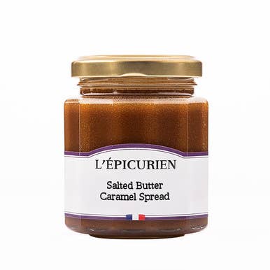 L'Epicurien Salted Butter & Caramel Spread  front | MILK MONEY milkmoney.co | white elephant gift ideas, gift, mother's day gift ideas, white elephant gift, gift shops near me, cute home decor, mother's day gift, cute home accents, handmade in USA, elegant home decor