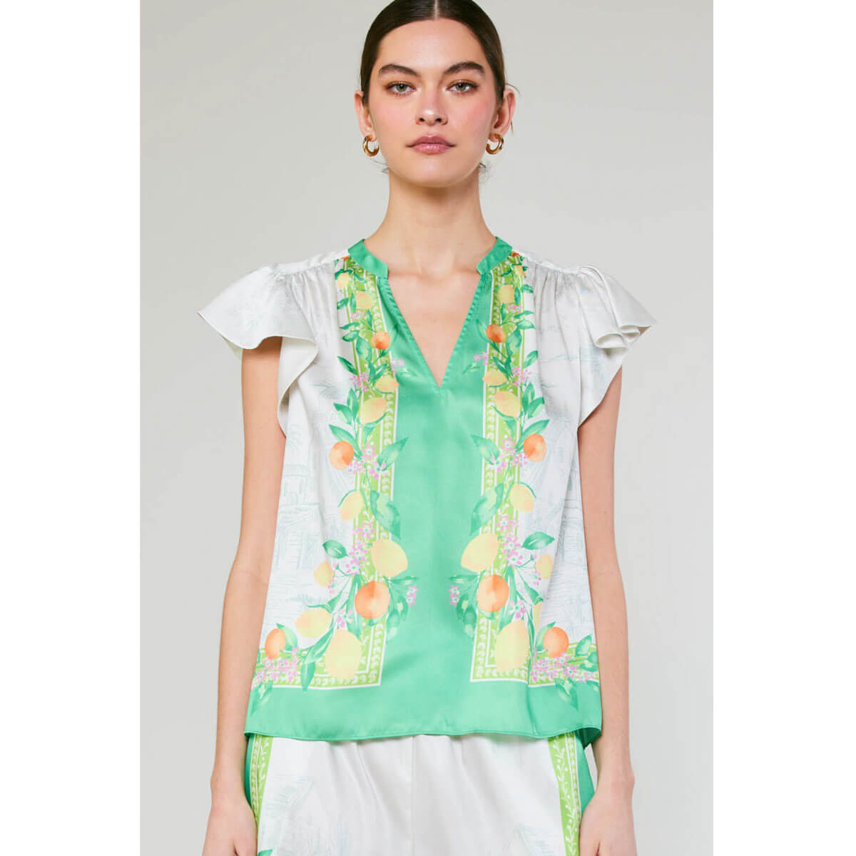 Lemon Garden Print Flutter Sleeve Top green front | MILK MONEY milkmoney.co | cute tops for women. trendy tops for women. cute blouses for women. stylish tops for women. pretty womens tops. 
