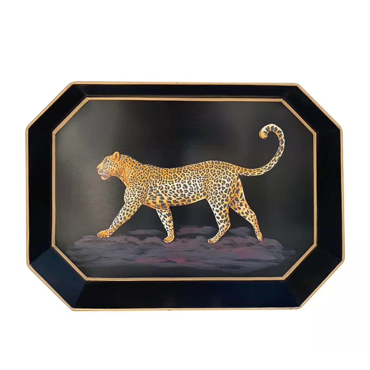 Les Ottoman Leopard Flora Handpainted Iron Tray black front | MILK MONEY milkmoney.co | white elephant gift ideas, gift, mother's day gift ideas, white elephant gift, gift shops near me, cute home decor, mother's day gift, cute home accents, handmade in USA, elegant home decor