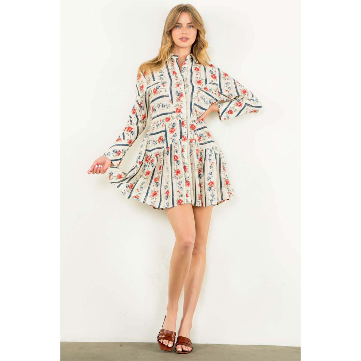 Long Sleeve Floral Shirt Dress white front | MILK MONEY milkmoney.co | cute clothes for women. womens online clothing. trendy online clothing stores. womens casual clothing online. trendy clothes online. trendy women's clothing online. ladies online clothing stores. trendy women's clothing stores. cute female clothes.
