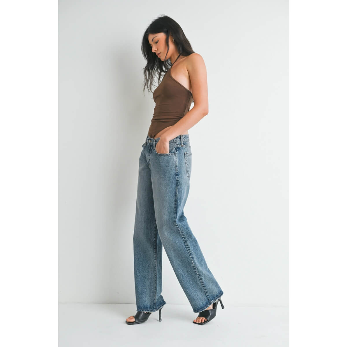 Low Rise Baggy Slouch Jeans blue side | MILK MONEY milkmoney.co | cute clothes for women. womens online clothing. trendy online clothing stores. womens casual clothing online. trendy clothes online. trendy women's clothing online. ladies online clothing stores. trendy women's clothing stores. cute female clothes.