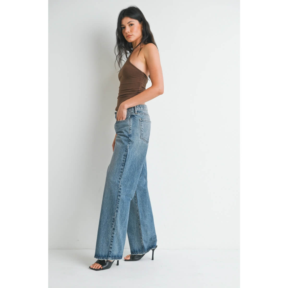 Low Rise Baggy Slouch Jeans blue side | MILK MONEY milkmoney.co | cute clothes for women. womens online clothing. trendy online clothing stores. womens casual clothing online. trendy clothes online. trendy women's clothing online. ladies online clothing stores. trendy women's clothing stores. cute female clothes.