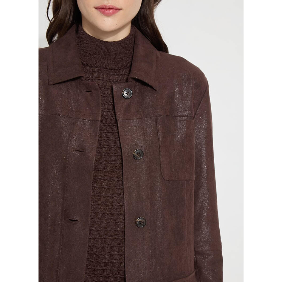 Lysse Lora Foil Faux Suede Utility Jacket mocha detail | MILK MONEY milkmoney.co | cute jackets for women. cute coats. cool jackets for women. stylish jackets for women. trendy jackets for women. trendy womens coats.
