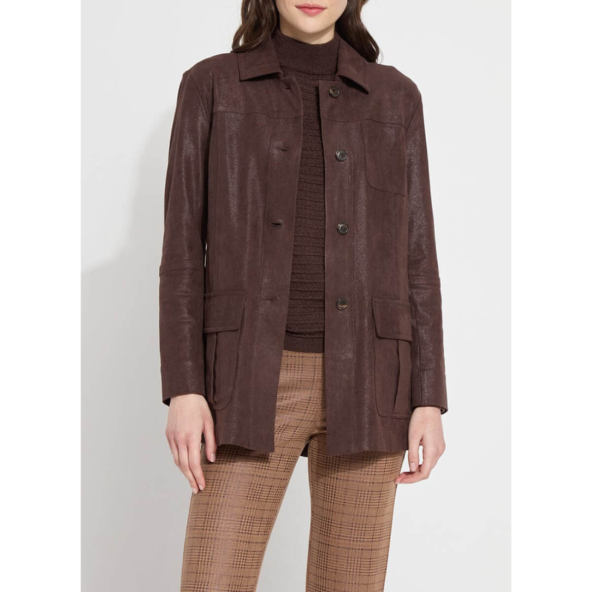 Lysse Lora Foil Faux Suede Utility Jacket mocha front | MILK MONEY milkmoney.co | cute jackets for women. cute coats. cool jackets for women. stylish jackets for women. trendy jackets for women. trendy womens coats.
