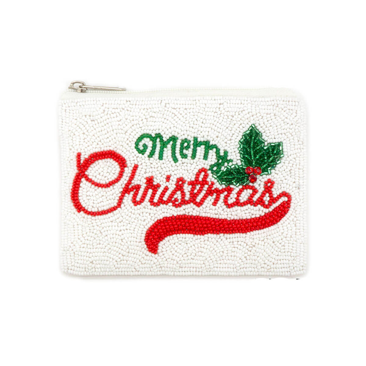 Merry Christmas Beaded Coin Bag white front | MILK MONEY milkmoney.co | women's accessories. cute accessories. trendy accessories. cute accessories for girls. ladies accessories. women's fashion accessories.