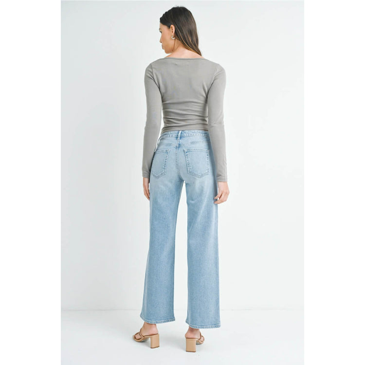 Mid-Rise Slim Wide Leg Jean lt wash back | MILK MONEY milkmoney.co | cute clothes for women. womens online clothing. trendy online clothing stores. womens casual clothing online. trendy clothes online. trendy women's clothing online. ladies online clothing stores. trendy women's clothing stores. cute female clothes.
