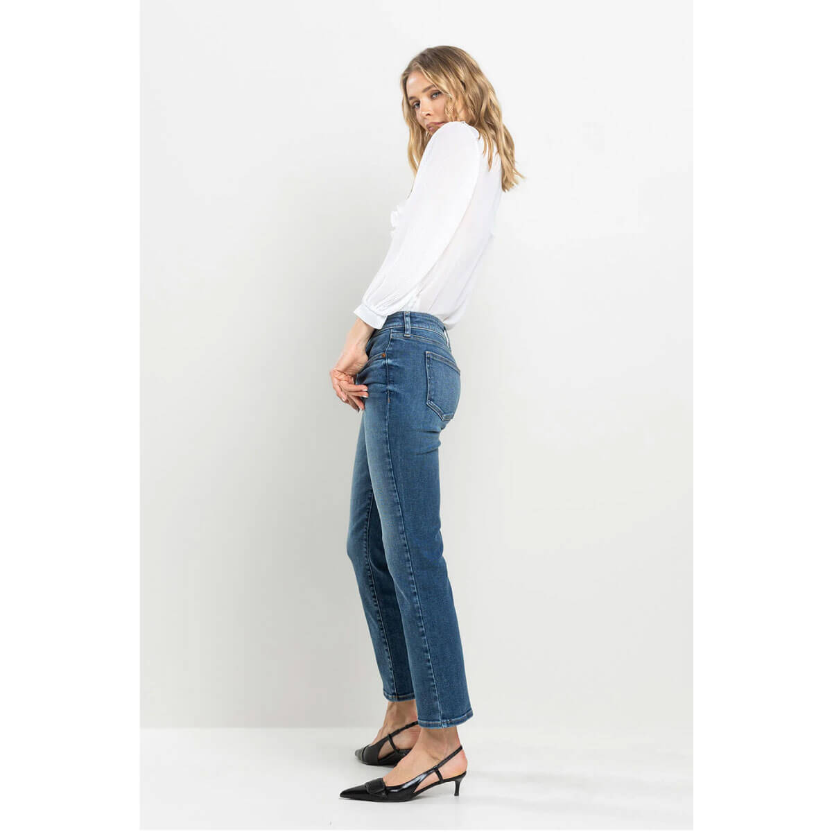 Mid Rise Ultra Stretch Slim Straight Jeans blue side| MILK MONEY milkmoney.co | cute clothes for women. womens online clothing. trendy online clothing stores. womens casual clothing online. trendy clothes online. trendy women's clothing online. ladies online clothing stores. trendy women's clothing stores. cute female clothes.