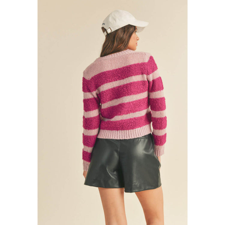 Mixed Knit Striped Sweater Cardigan magenta back | MILK MONEY milkmoney.co | cute sweaters for women, cute knit sweaters, cute pullover sweaters