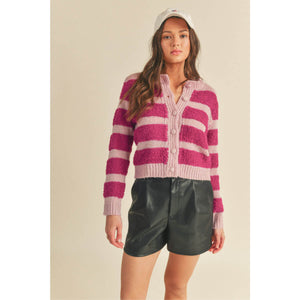 Mixed Knit Striped Sweater Cardigan magenta front | MILK MONEY milkmoney.co | cute sweaters for women, cute knit sweaters, cute pullover sweaters