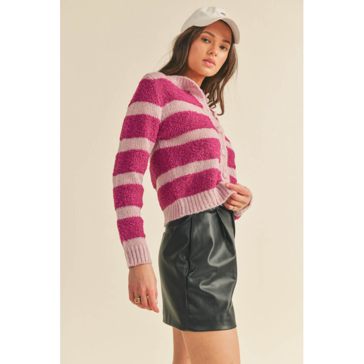 Mixed Knit Striped Sweater Cardigan magenta side | MILK MONEY milkmoney.co | cute sweaters for women, cute knit sweaters, cute pullover sweaters