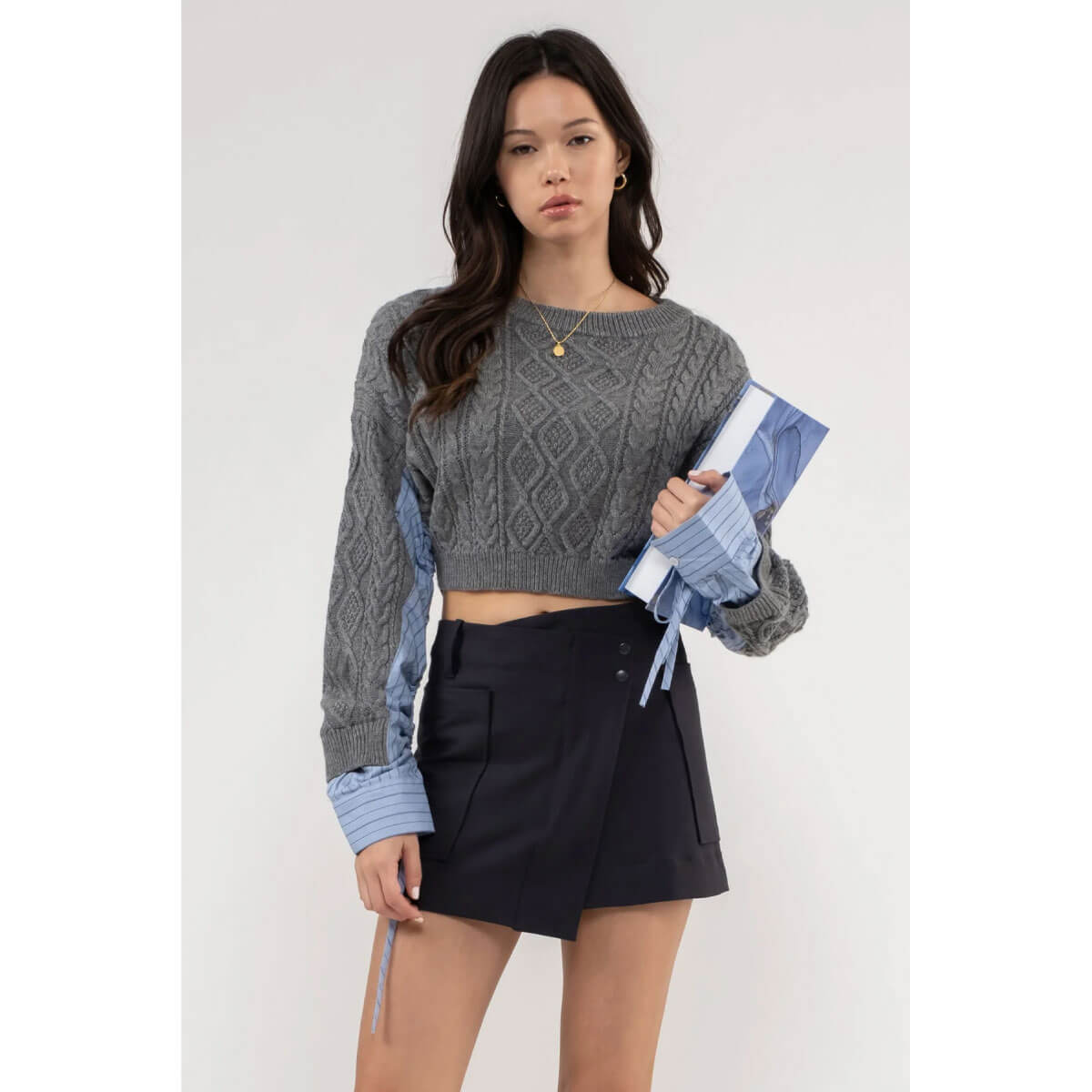 Mixed Pinstripe Shirt & Cable Knit Sweater grey front | MILK MONEY milkmoney.co | cute tops for women. trendy tops for women. cute blouses for women. stylish tops for women. pretty womens tops. 