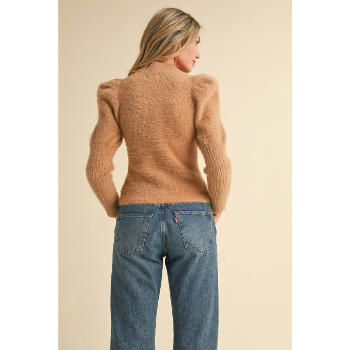 Mock Neck Puff Shoulder Mohair Sweater front back | MILK MONEY milkmoney.co | cute sweaters for women, cute knit sweaters, cute pullover sweaters
