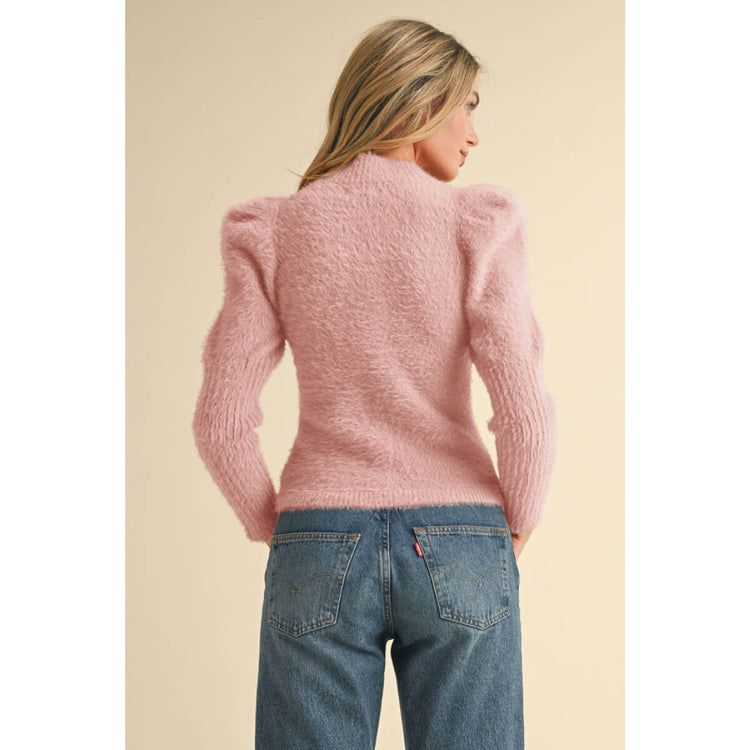 Mock Neck Puff Shoulder Mohair Sweater pink back | MILK MONEY milkmoney.co | cute sweaters for women, cute knit sweaters, cute pullover sweaters
