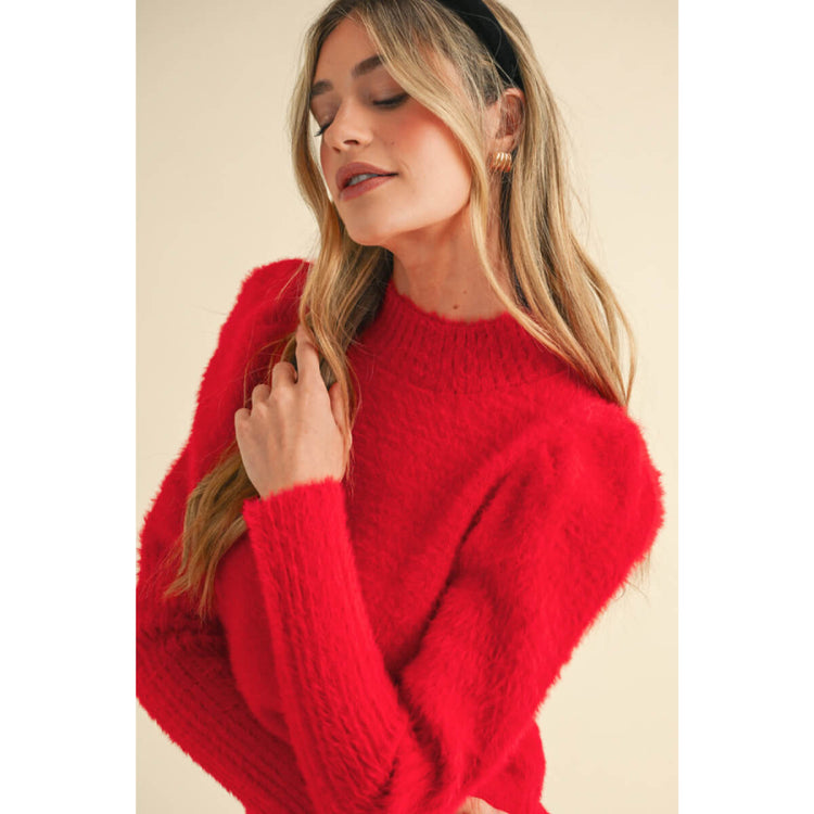 Mock Neck Puff Shoulder Mohair Sweater red front  | MILK MONEY milkmoney.co | cute sweaters for women, cute knit sweaters, cute pullover sweaters
