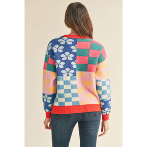 Multi-Pattern Patch Sweater blue back  | MILK MONEY milkmoney.co | cute sweaters for women, cute knit sweaters, cute pullover sweaters